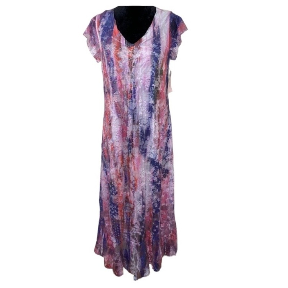 NWT Cal Style USA Maxi Dress Multicolor With White Floral Lace Overlay Size L